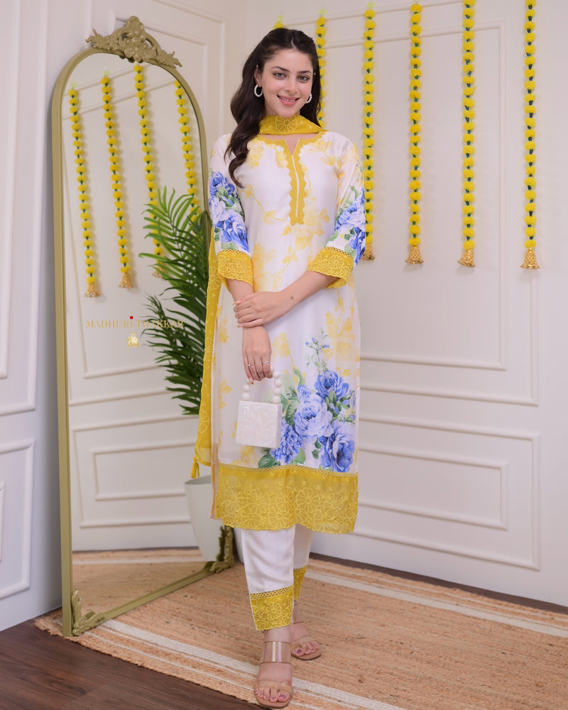 Ivory Yellow Floral Printed Muslin Suit