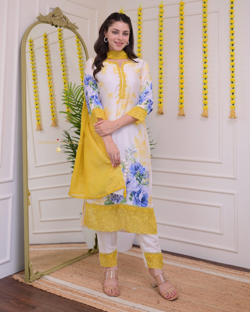 Ivory Yellow Floral Printed Muslin Suit