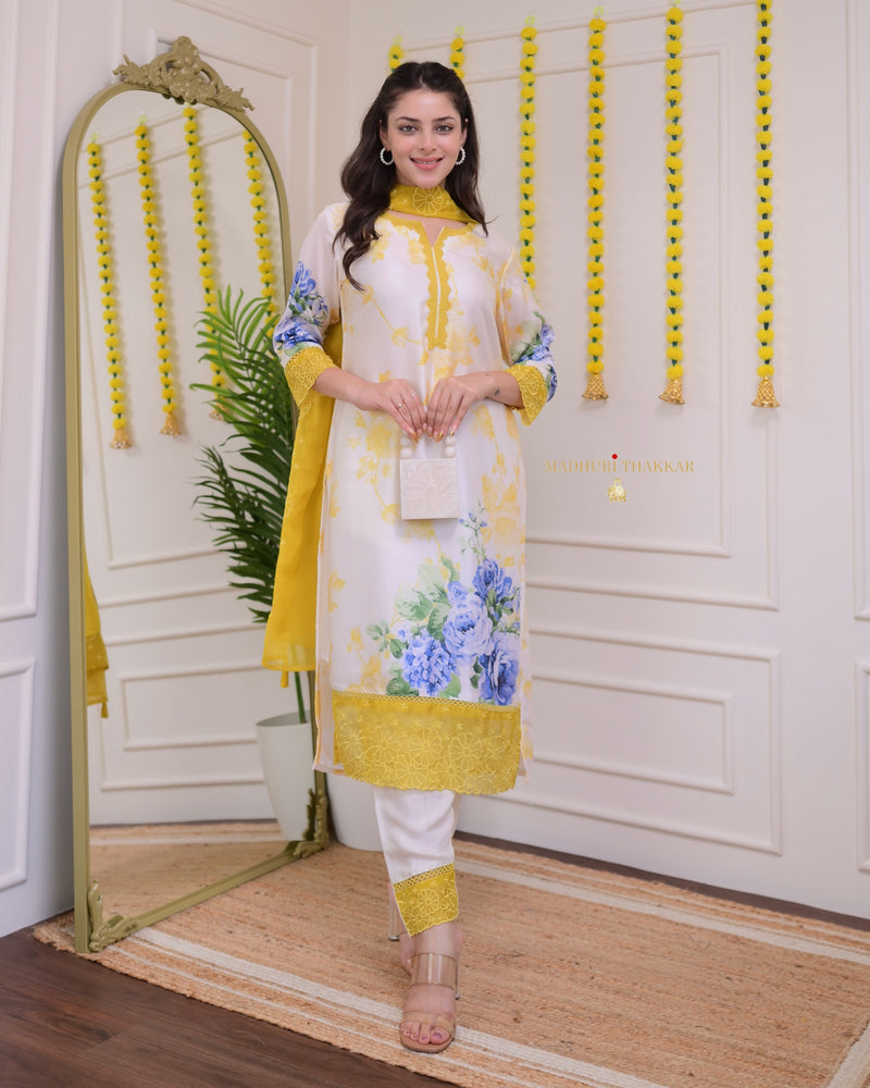 Ivory Yellow Floral Printed Muslin Suit