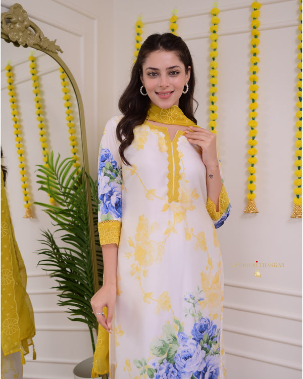 Ivory Yellow Floral Printed Muslin Suit