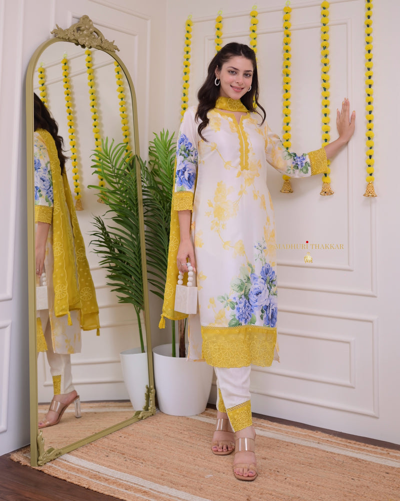 Ivory Yellow Floral Printed Muslin Suit