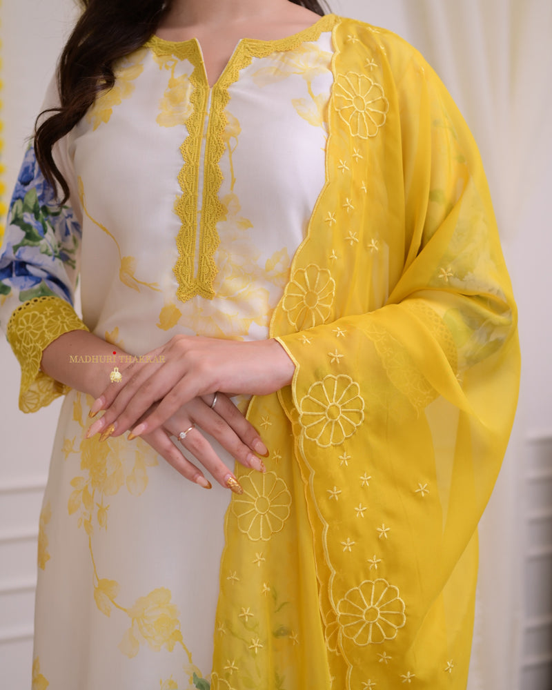 Ivory Yellow Floral Printed Muslin Suit