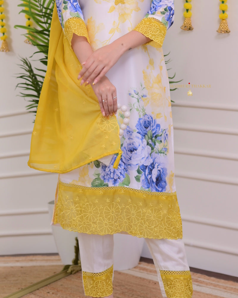 Ivory Yellow Floral Printed Muslin Suit