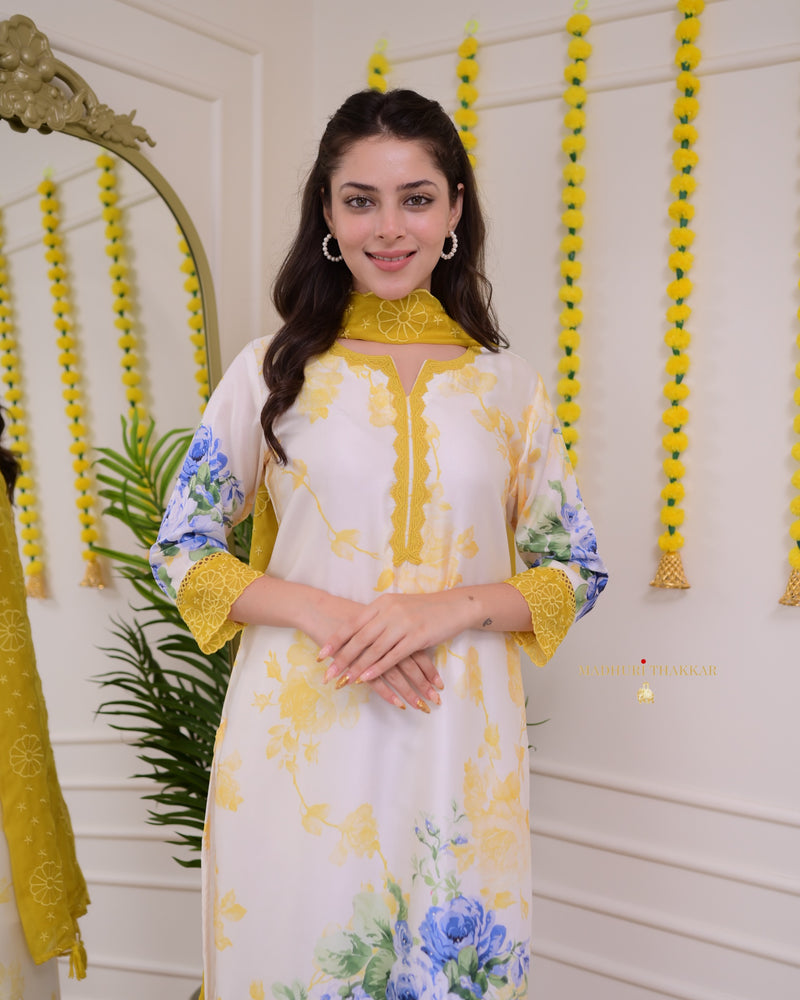 Ivory Yellow Floral Printed Muslin Suit