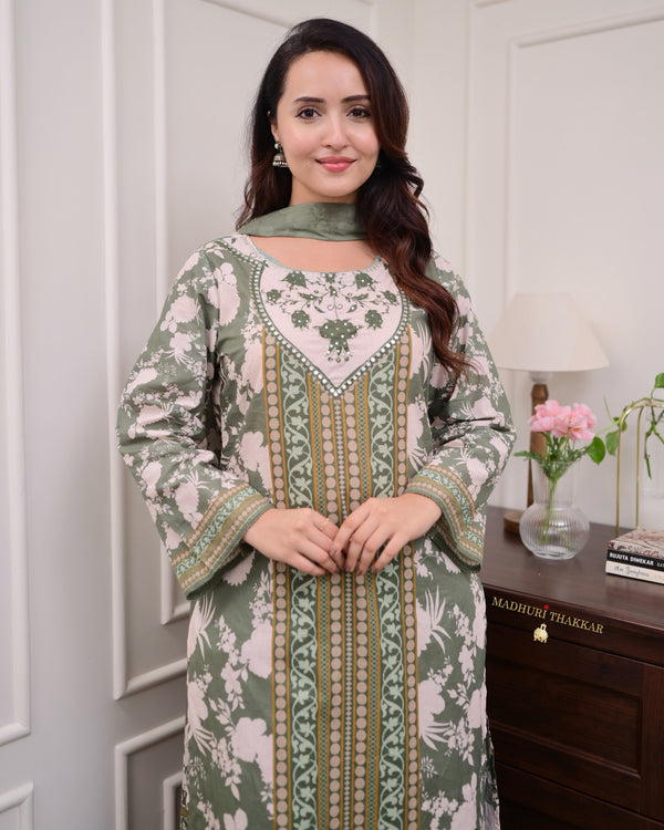 Bottle Green Handwork Cotton Suit