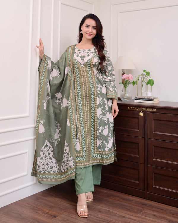 Bottle Green Handwork Cotton Suit