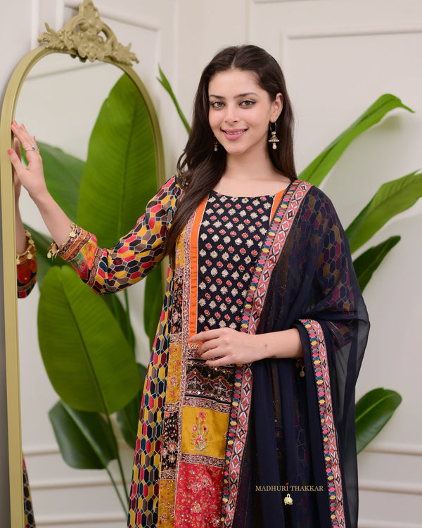 Black Handwork Patchprint A Line Chinnon Suit