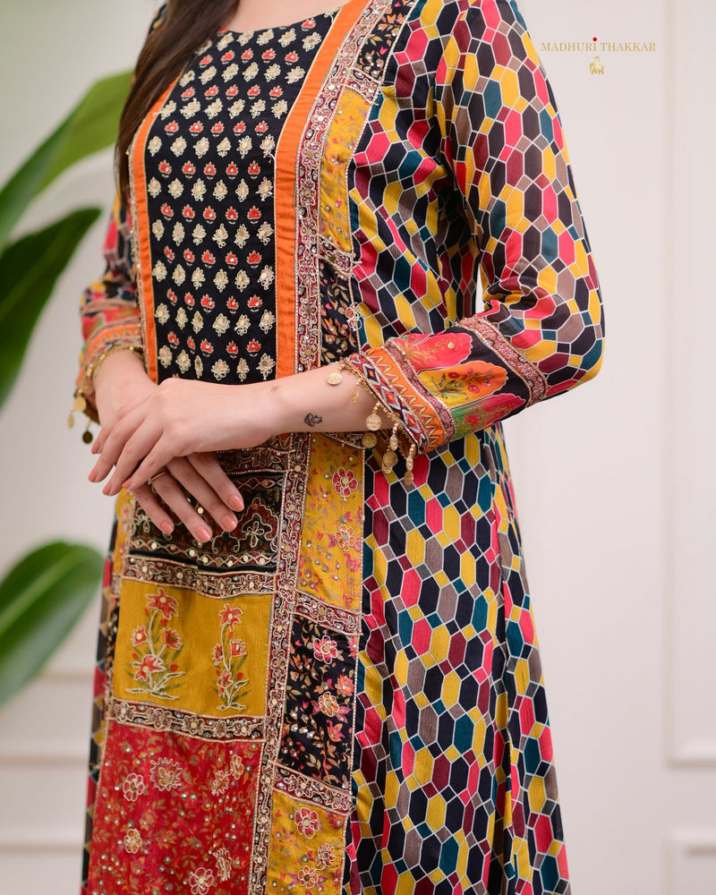 Black Handwork Patchprint A Line Chinnon Suit