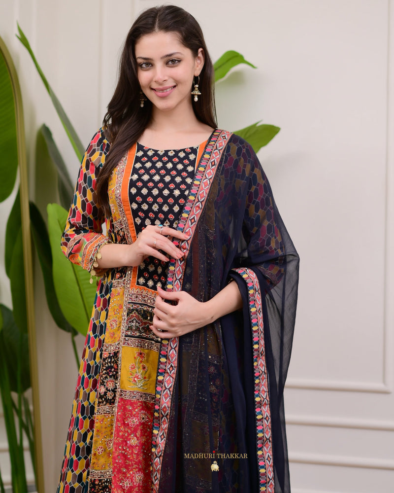 Black Handwork Patchprint A Line Chinnon Suit