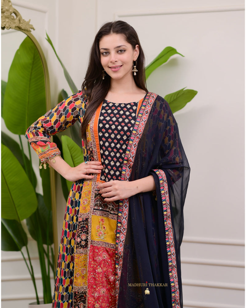 Black Handwork Patchprint A Line Chinnon Suit