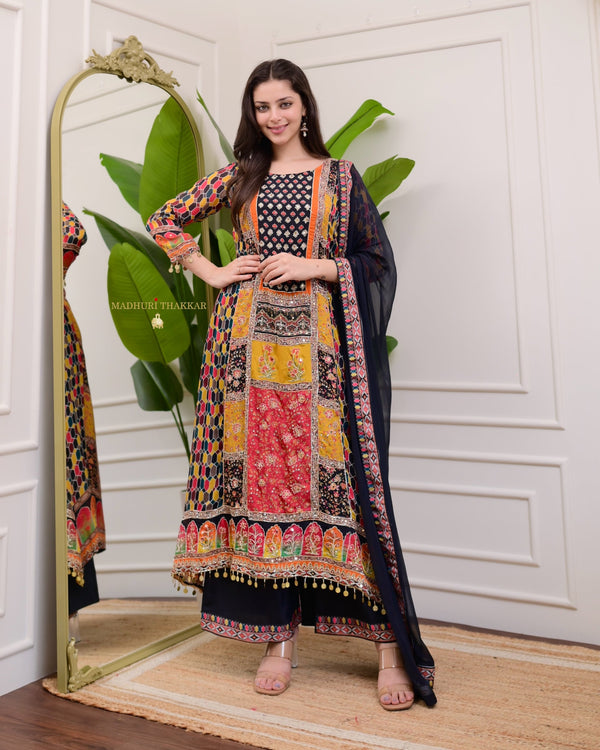 Black Handwork Patchprint A Line Chinnon Suit