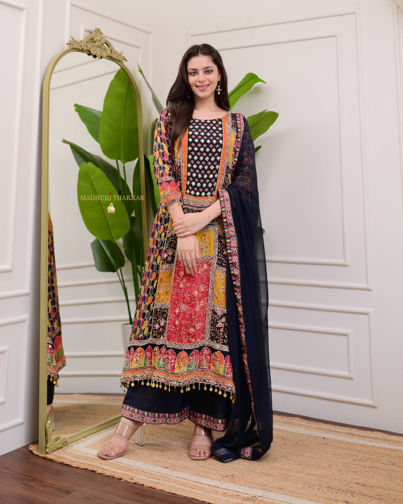 Black Handwork Patchprint A Line Chinnon Suit