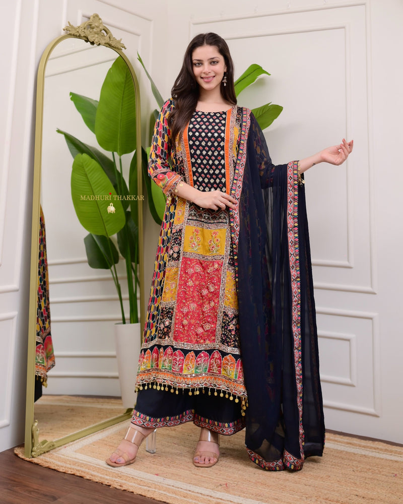 Black Handwork Patchprint A Line Chinnon Suit