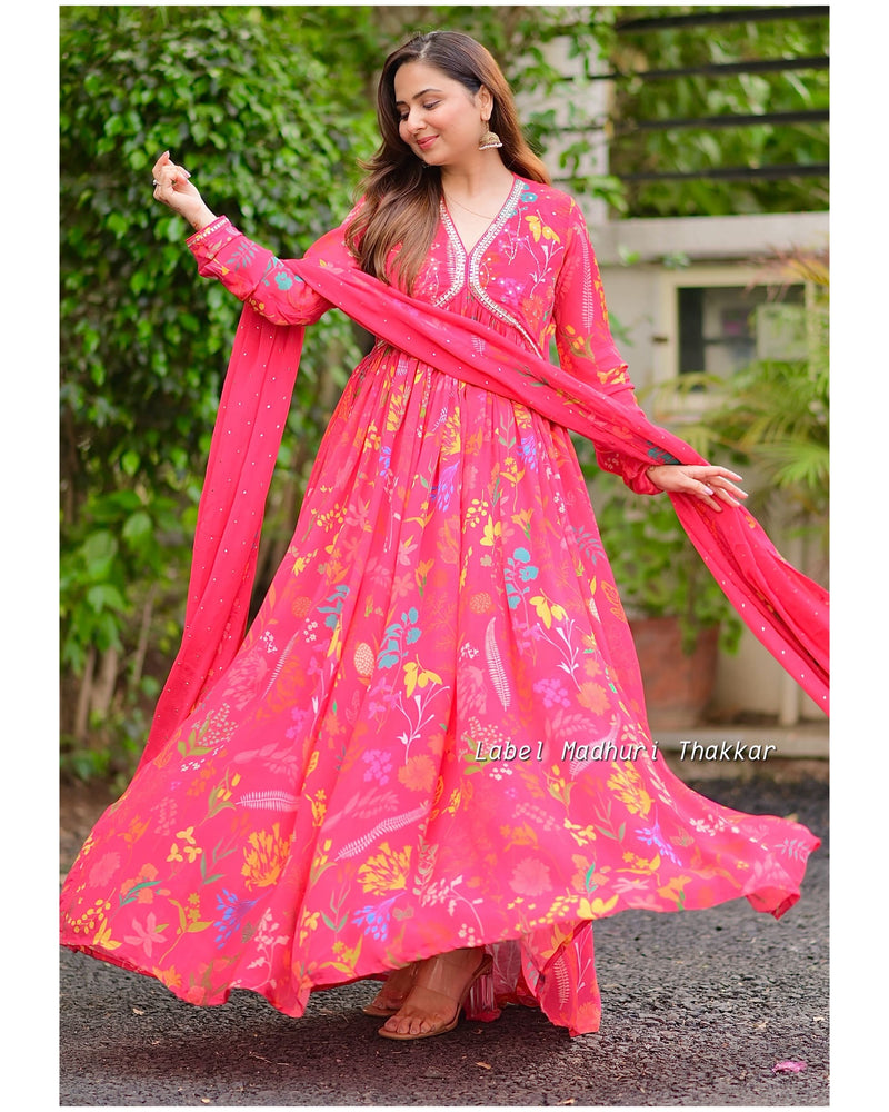 Pink Floral Chinnon Handwork Anarkali