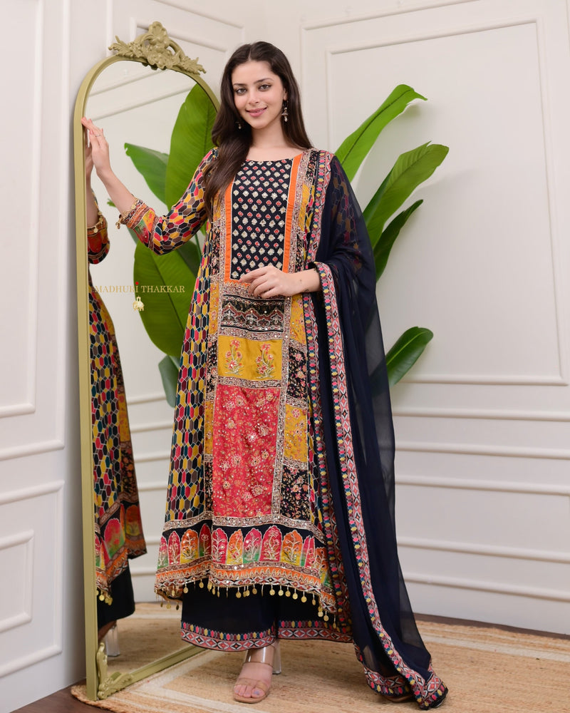 Black Handwork Patchprint A Line Chinnon Suit