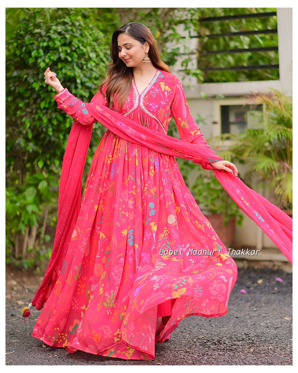 Pink Floral Chinnon Handwork Anarkali