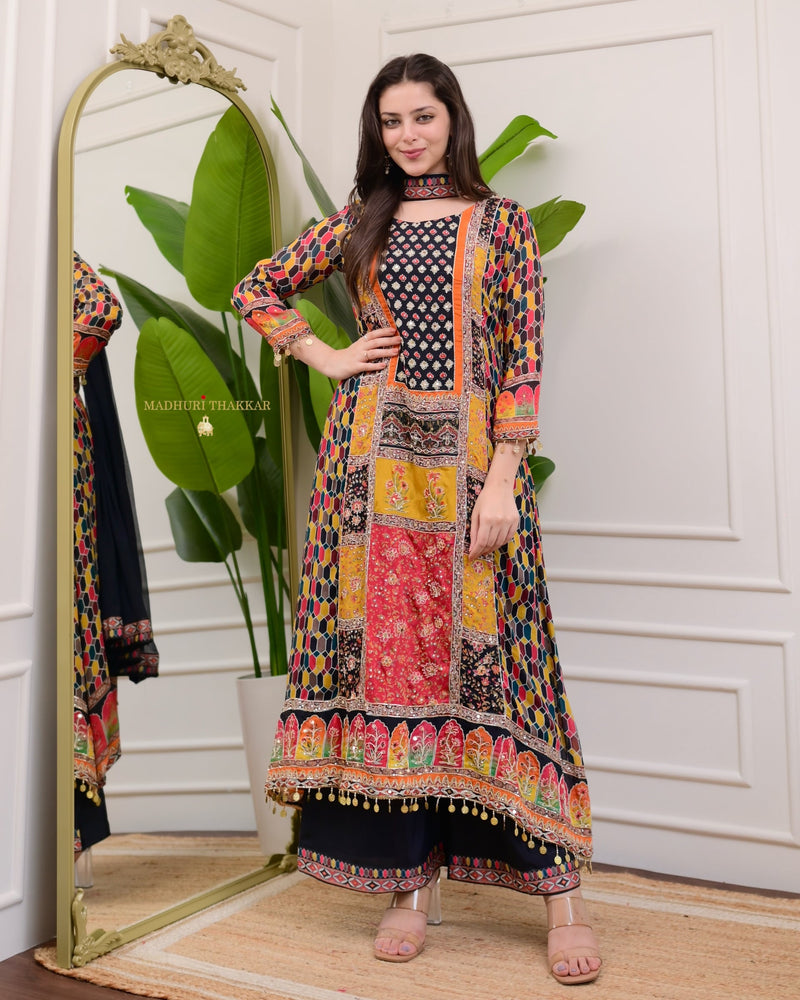 Black Handwork Patchprint A Line Chinnon Suit