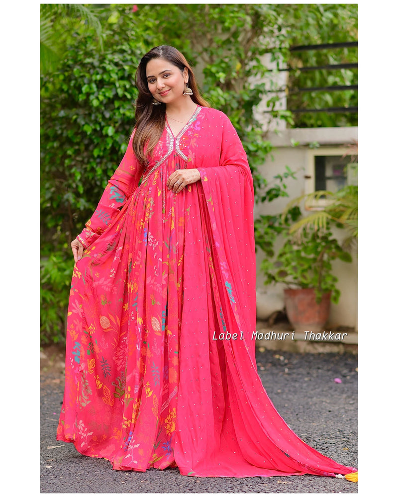 Pink Floral Chinnon Handwork Anarkali