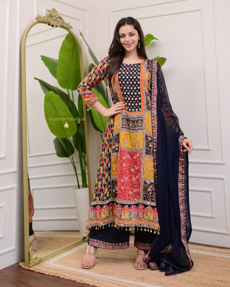 Black Handwork Patchprint A Line Chinnon Suit