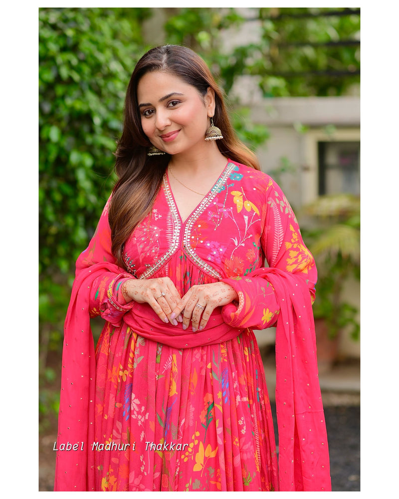 Pink Floral Chinnon Handwork Anarkali