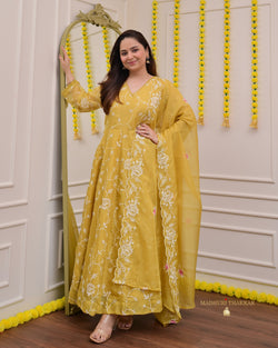 Mustard Yellow Organza Threadwork Anarkali