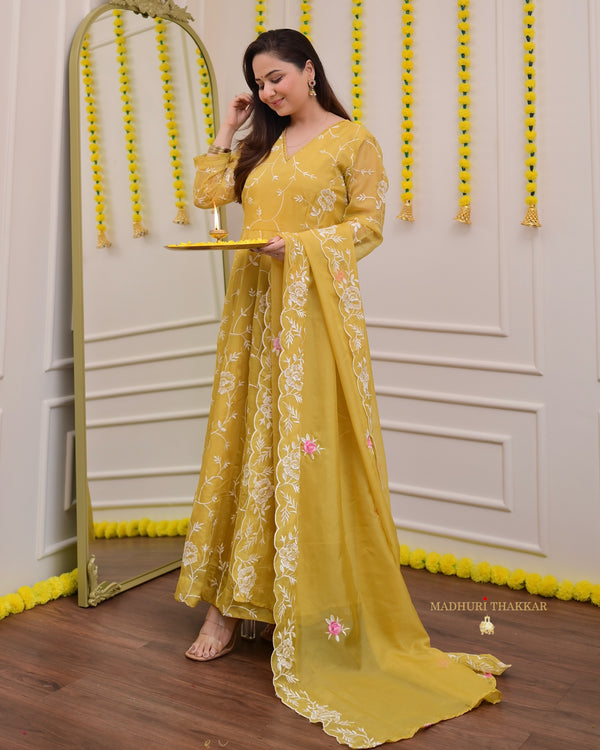 Mustard Yellow Organza Threadwork Anarkali