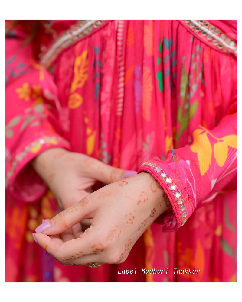 Pink Floral Chinnon Handwork Anarkali