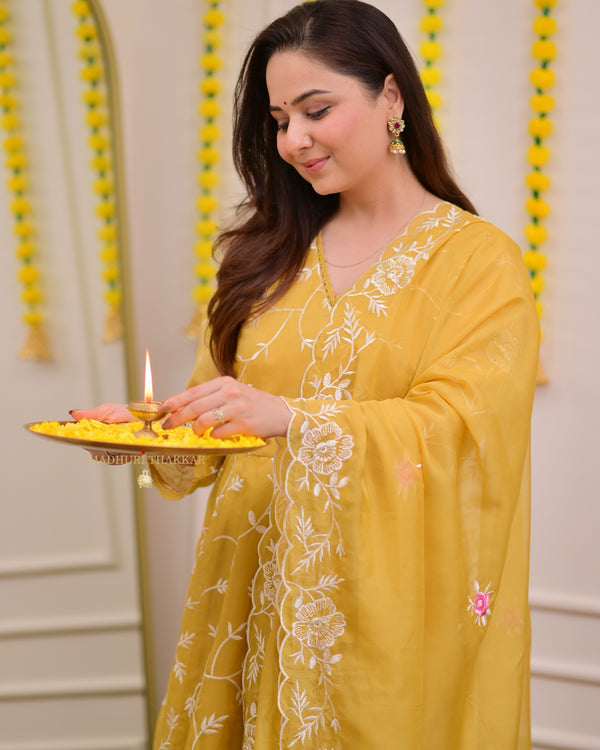 Mustard Yellow Organza Threadwork Anarkali