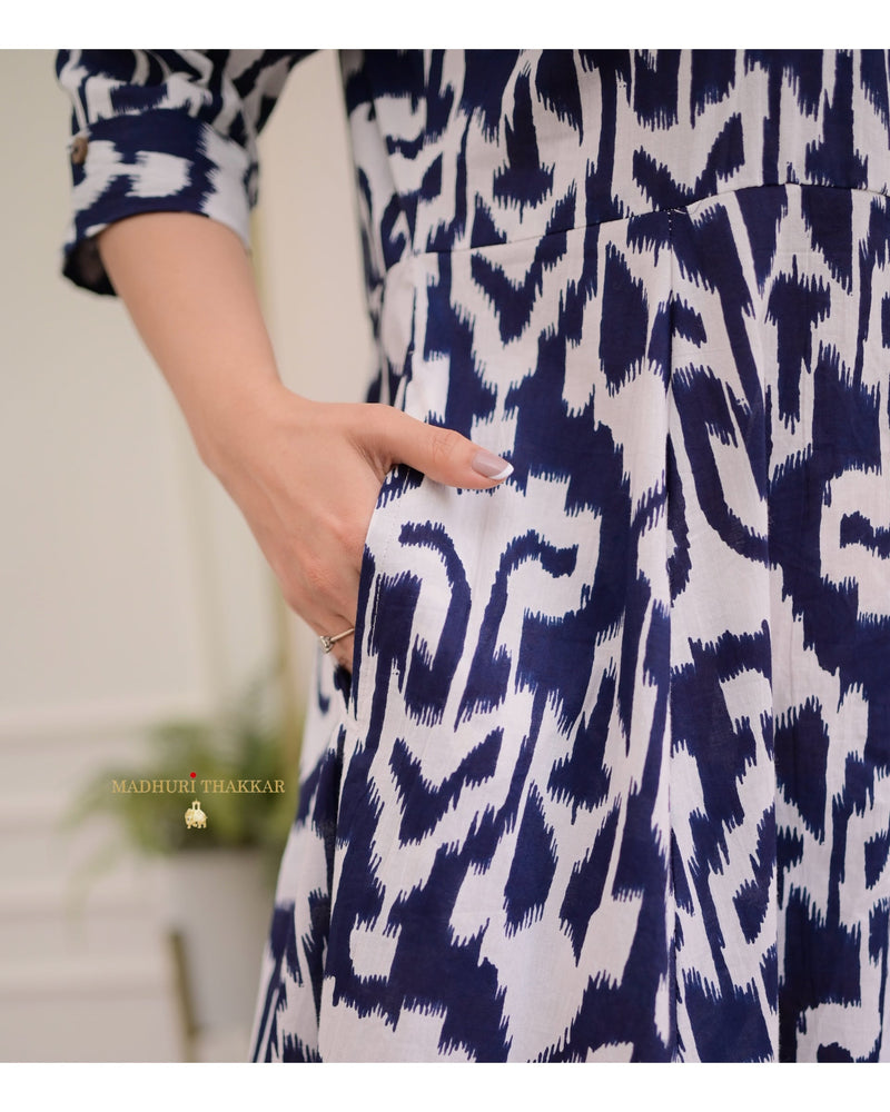 Navy Blue Ikat Cotton A Line Dress