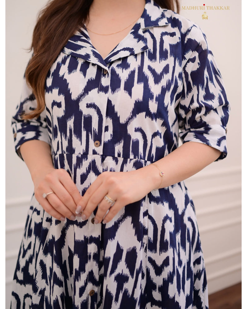 Navy Blue Ikat Cotton A Line Dress