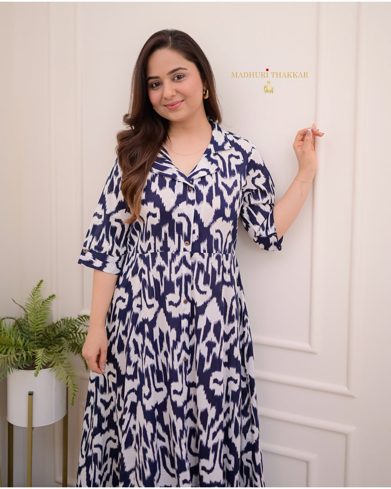 Navy Blue Ikat Cotton A Line Dress