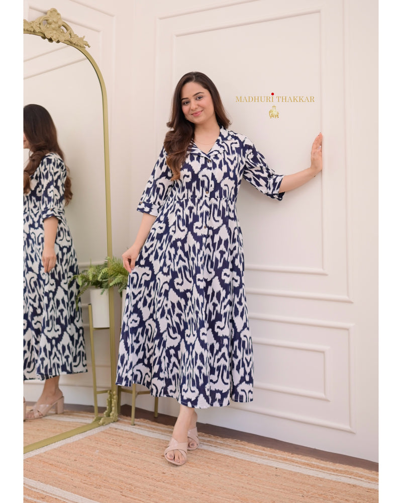 Navy Blue Ikat Cotton A Line Dress