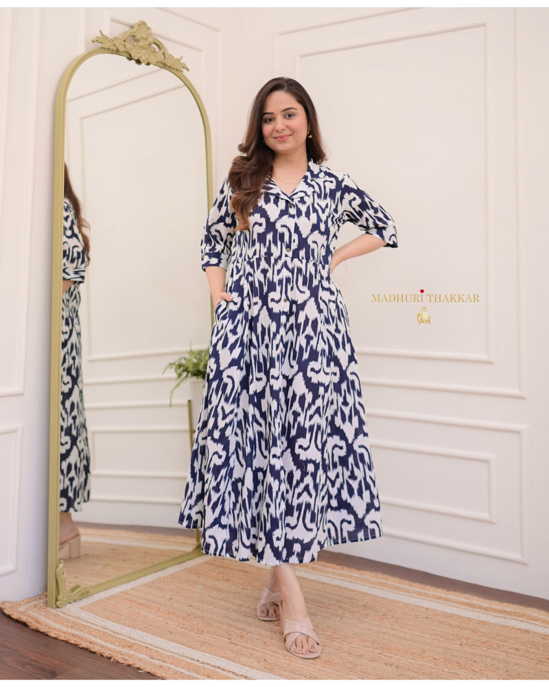 Navy Blue Ikat Cotton A Line Dress