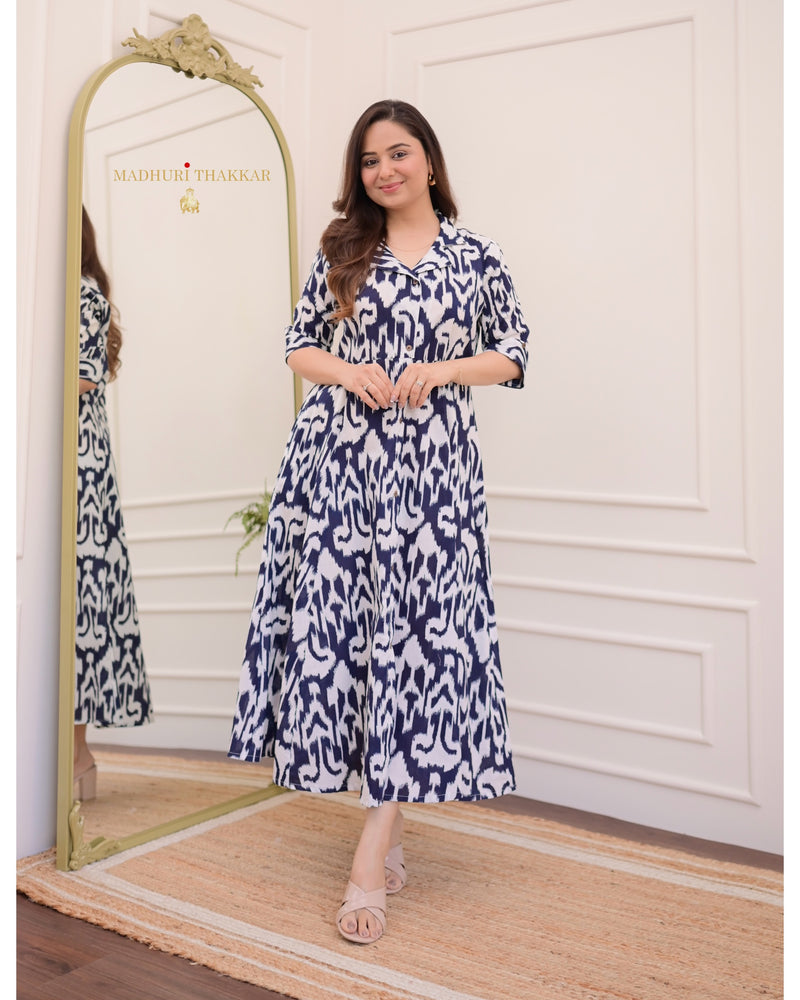 Navy Blue Ikat Cotton A Line Dress