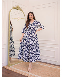 Navy Blue Ikat Cotton A Line Dress