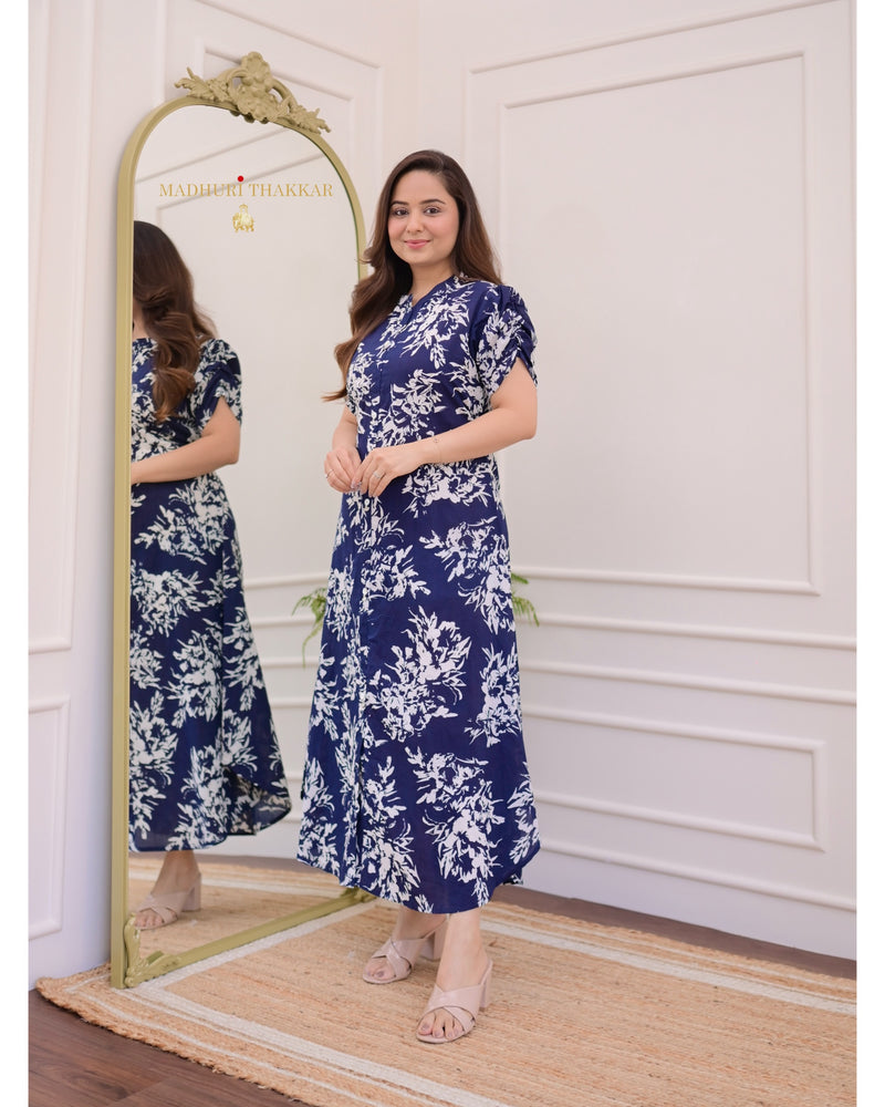 Blue Floral Cotton A Line Dress