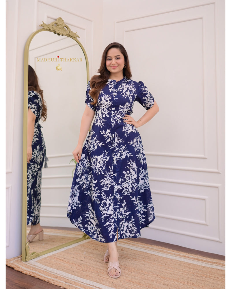 Blue Floral Cotton A Line Dress