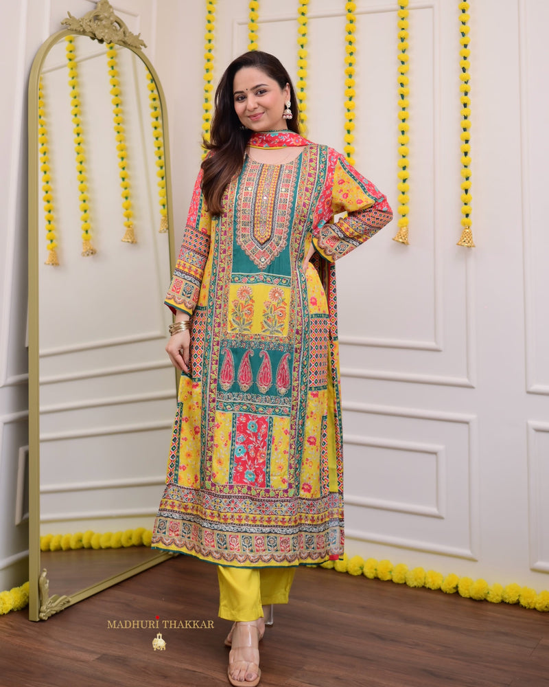 Yellow Rama Handwork Muslin Patchprint Suit