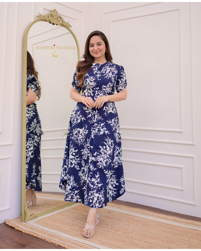 Blue Floral Cotton A Line Dress