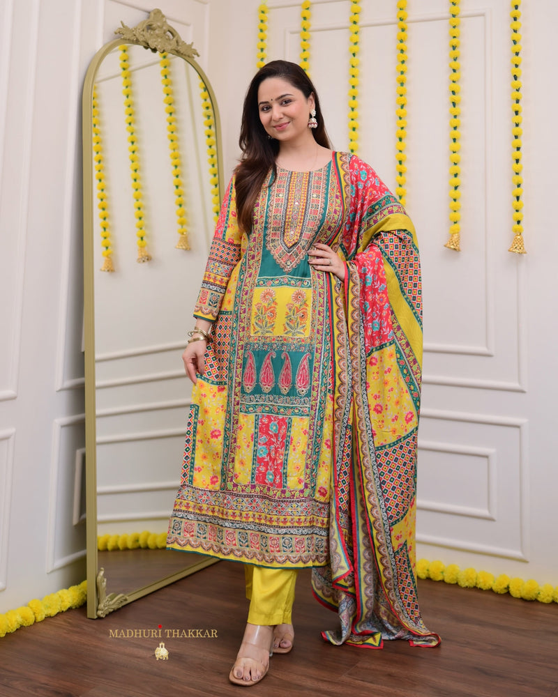 Yellow Rama Handwork Muslin Patchprint Suit