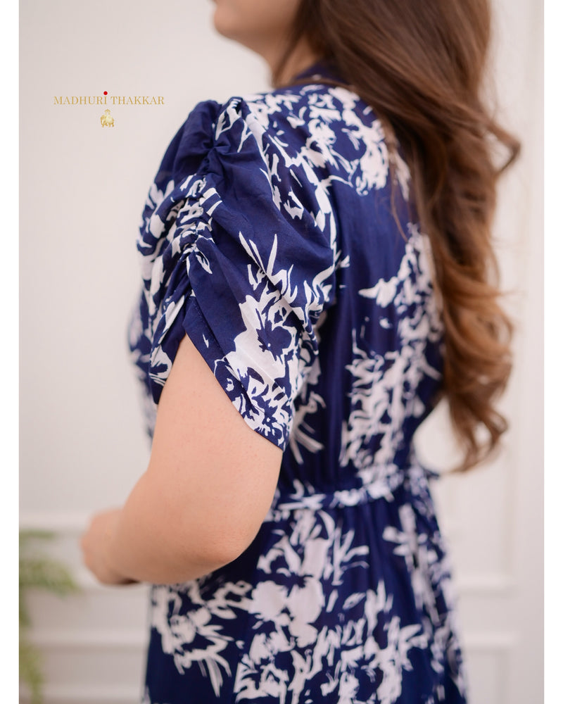 Blue Floral Cotton A Line Dress