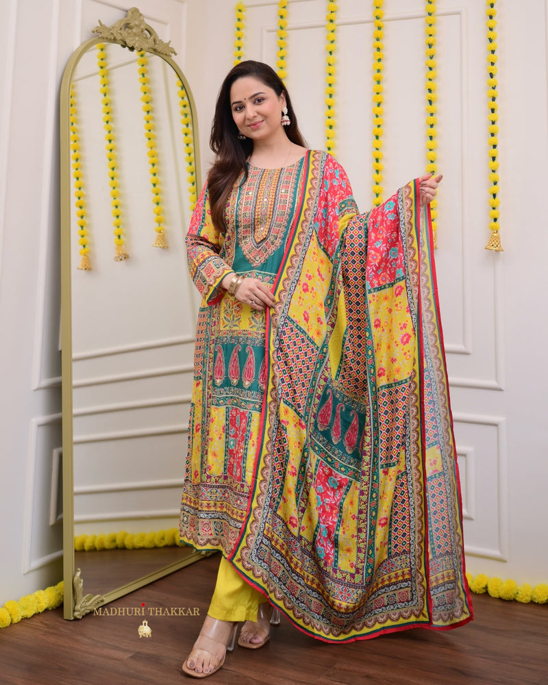 Yellow Rama Handwork Muslin Patchprint Suit