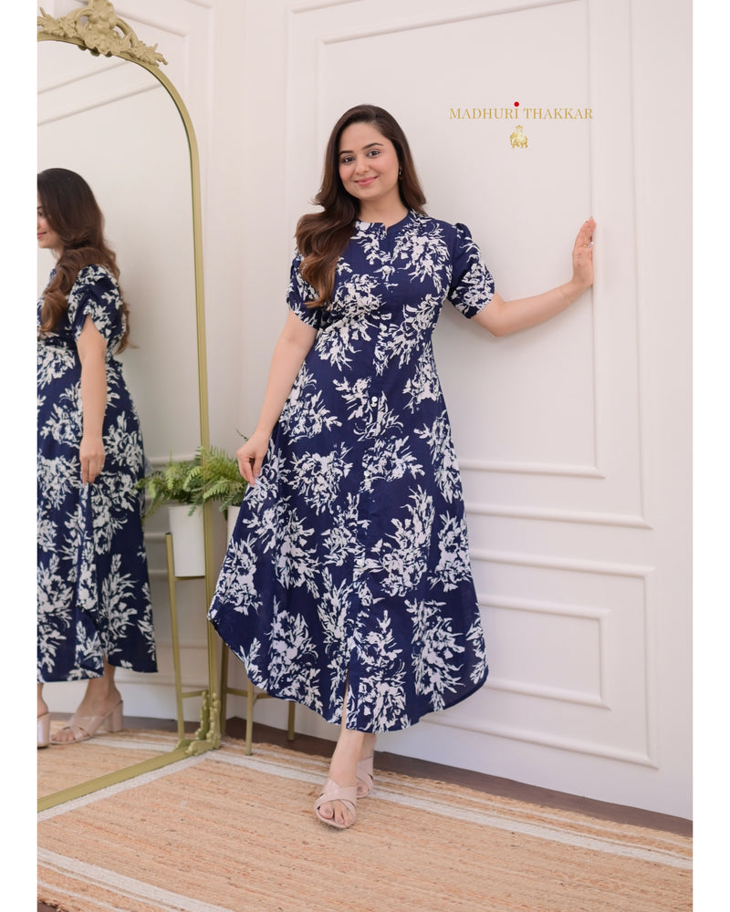 Blue Floral Cotton A Line Dress