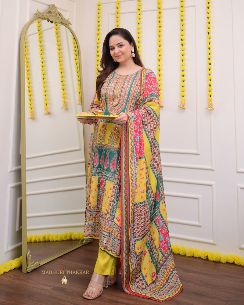 Yellow Rama Handwork Muslin Patchprint Suit