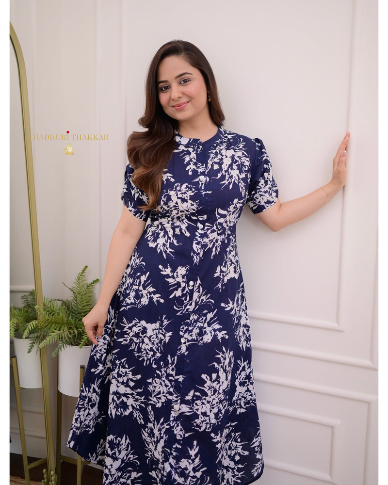 Blue Floral Cotton A Line Dress