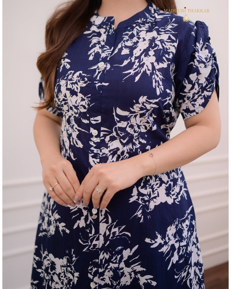 Blue Floral Cotton A Line Dress