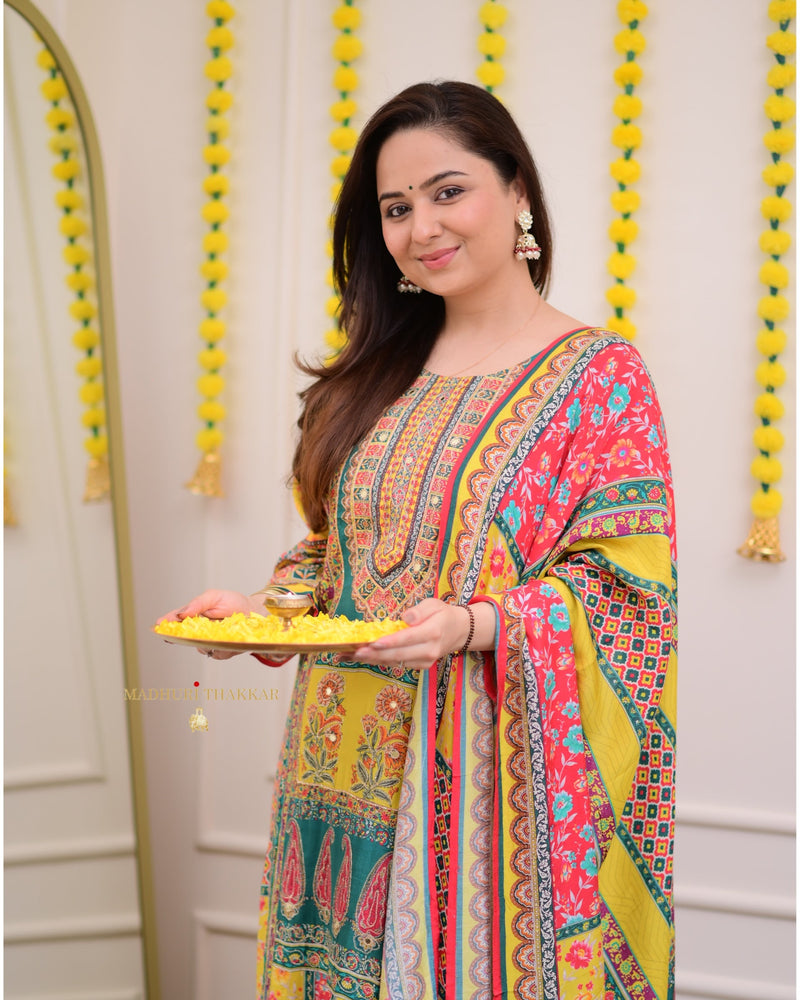 Yellow Rama Handwork Muslin Patchprint Suit