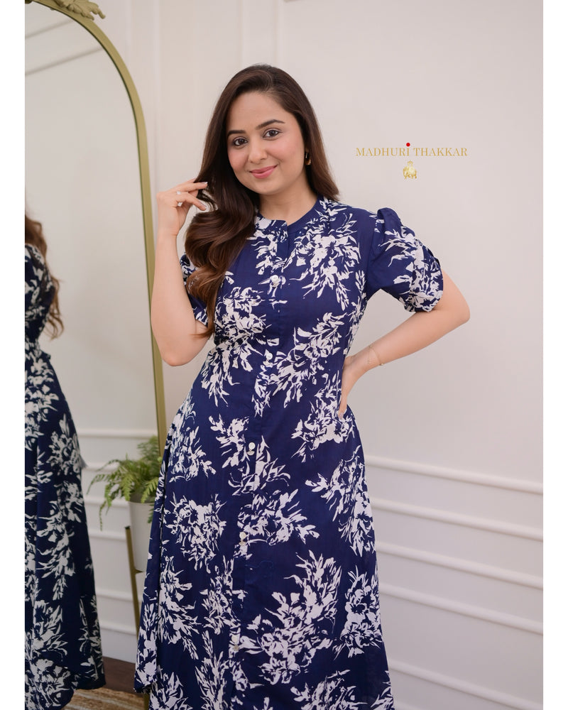 Blue Floral Cotton A Line Dress