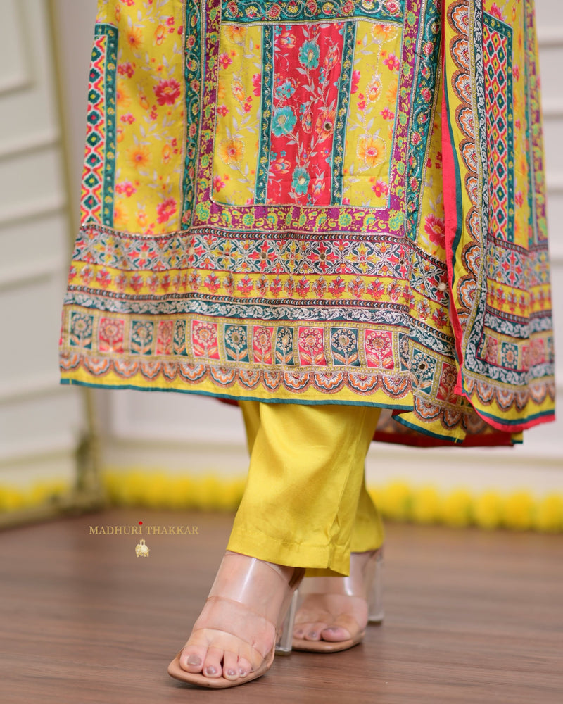 Yellow Rama Handwork Muslin Patchprint Suit