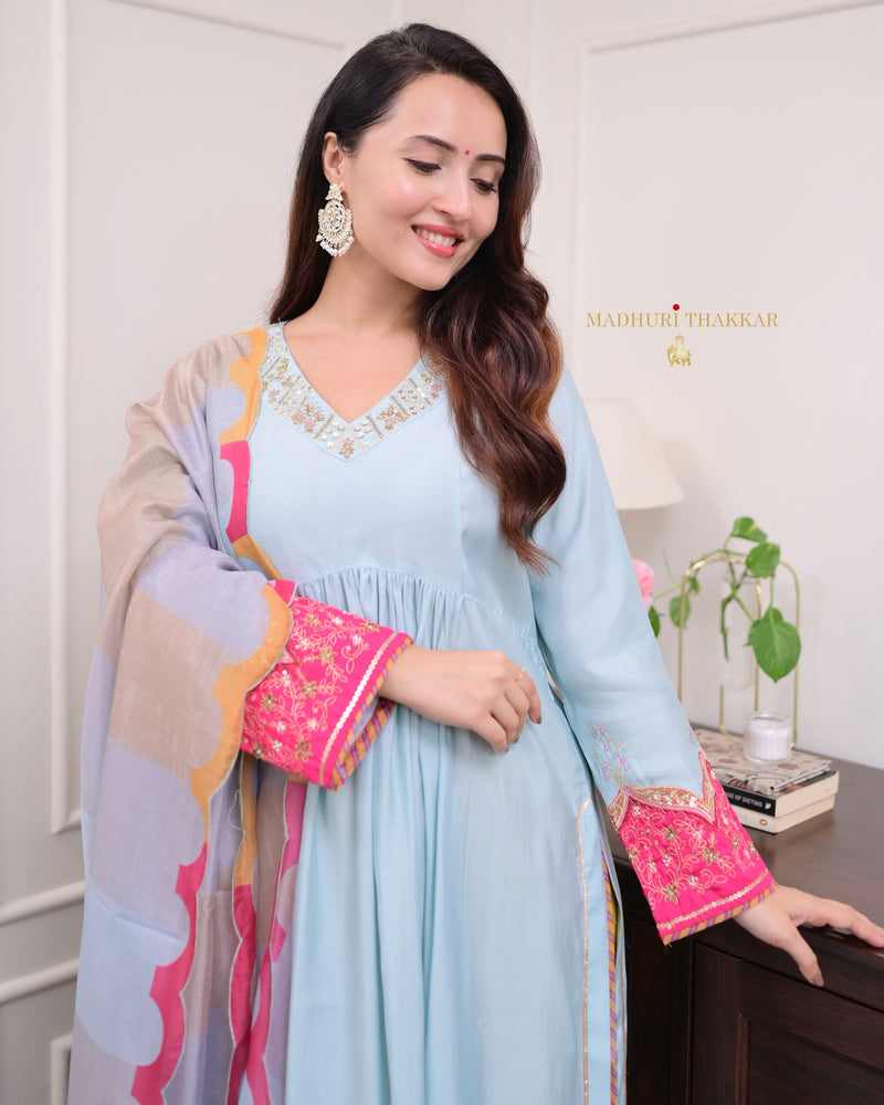 Powder Blue Handwork Silk Suit